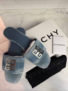 Givenchy Light Blue Denim Slide Mules with Silver Logo